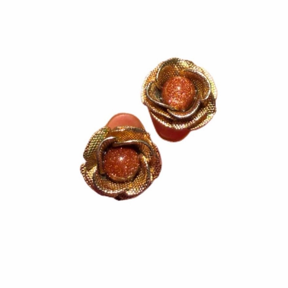 Vintage Gold Tone Goldstone Rose Flower Earrings Sparkly Orange